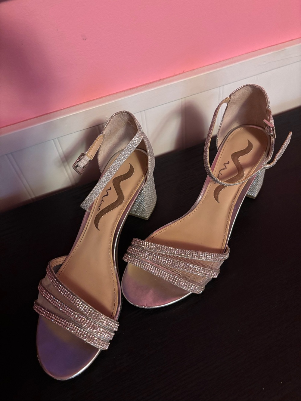 Glitter Strap Block Heel Sandals - Silver